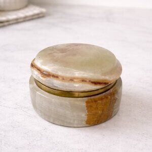 Vintage Onyx Stone Trinket Box with Brass Hinge – Round Marble Jewelry Box